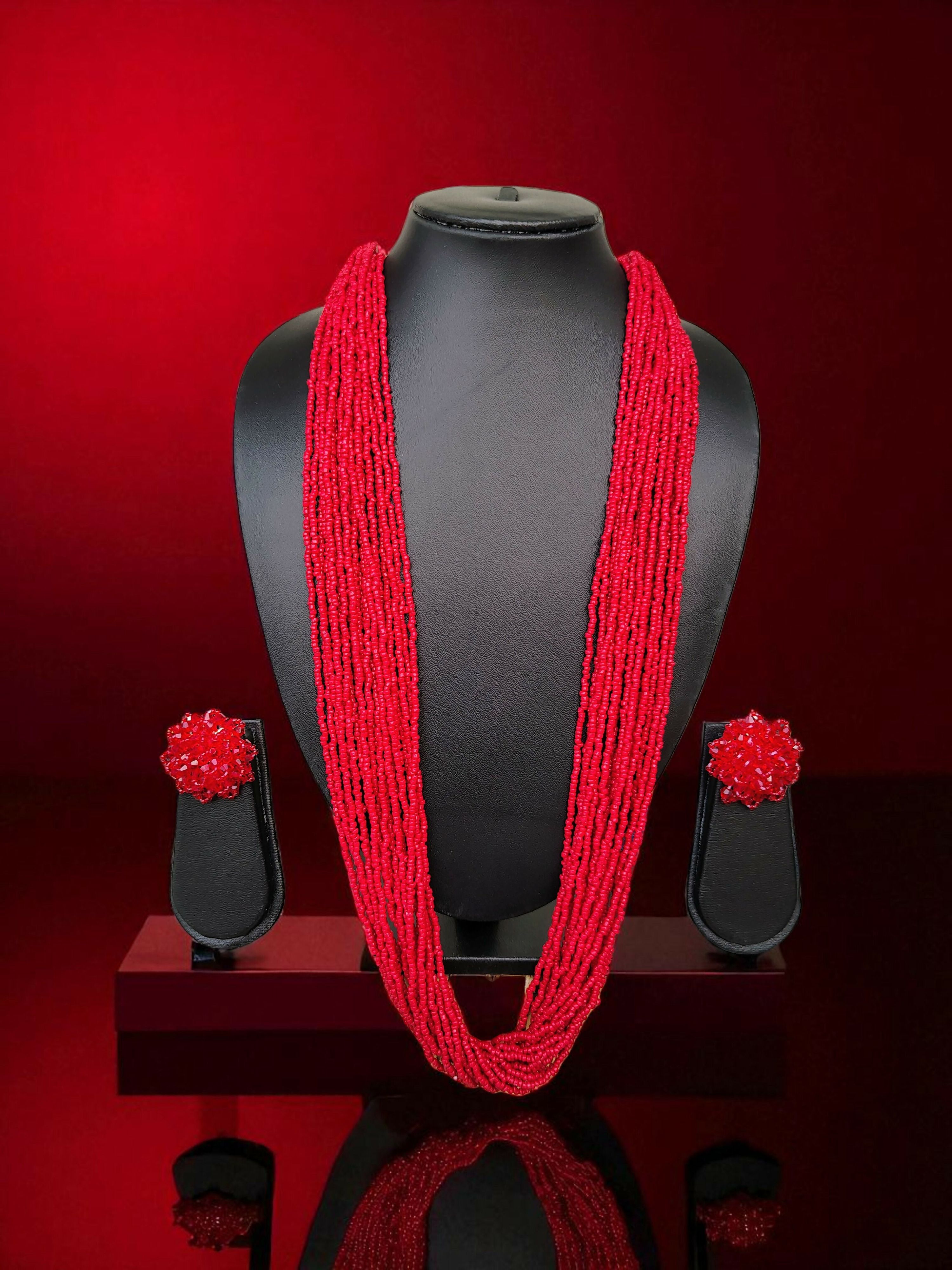 Inhanns Rangsaaz 20-Layer Luxe Long Beaded Necklace (With Optional Statement Earrings) - Red With Earring - Distacart
