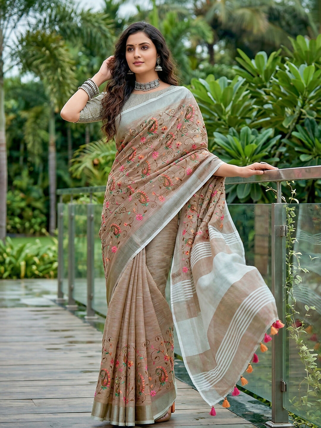 Shree Shyam Fashion Brown Linen Saree - Dista