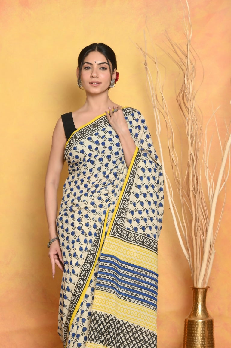 Very Much Indian Handblock Printed Cotton Saree With Natural Dyes - White - Distacart