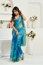 Thumbnail for Vastranavya Aqua Blue Digital Printed Linen Ready To Wear Designer Saree with Unstitched Blouse - Distacart