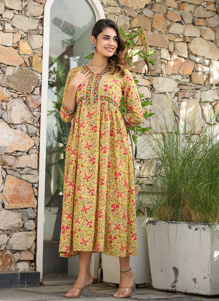 Kaajh Women's Mustard Printed Cotton Handblock Dress - Distacart