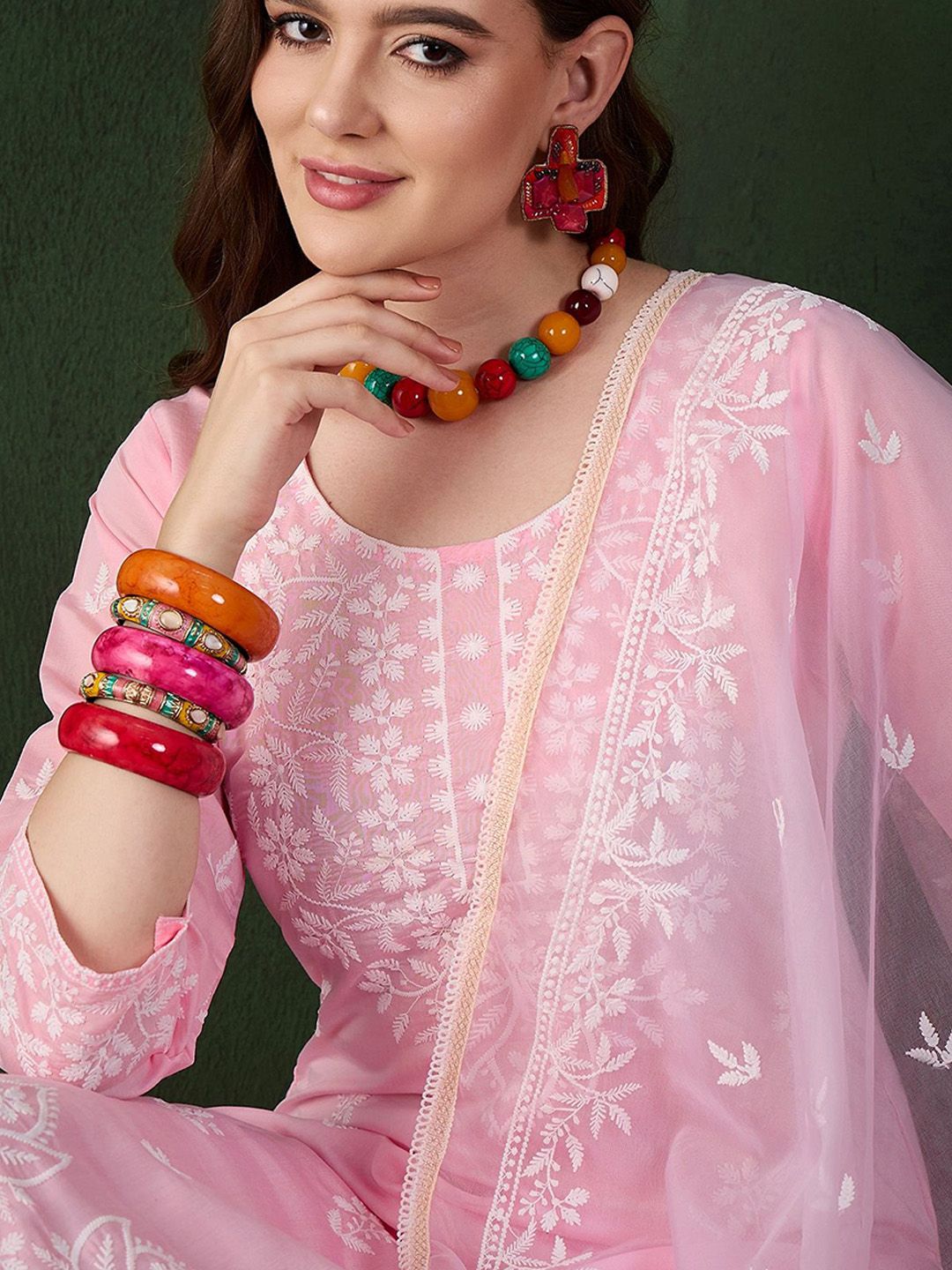 Sangria Pink and White Floral Embroidered Thread Work Cotton Kurta & Trouser With Dupatta - Distacart