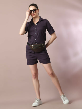 Myshka Women's Violet Solid Shirt Collar Party Shirt With Shorts Co-ord set - Distacart