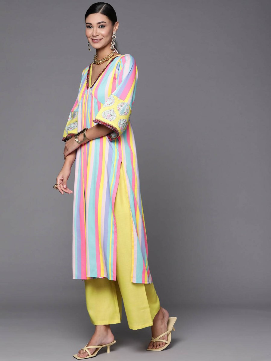 Ahalyaa Women Neon Green & Blue Candy Striped Kurta with Palazzos - Distacart