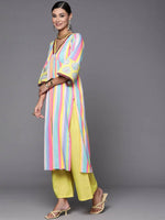 Thumbnail for Ahalyaa Women Neon Green & Blue Candy Striped Kurta with Palazzos - Distacart