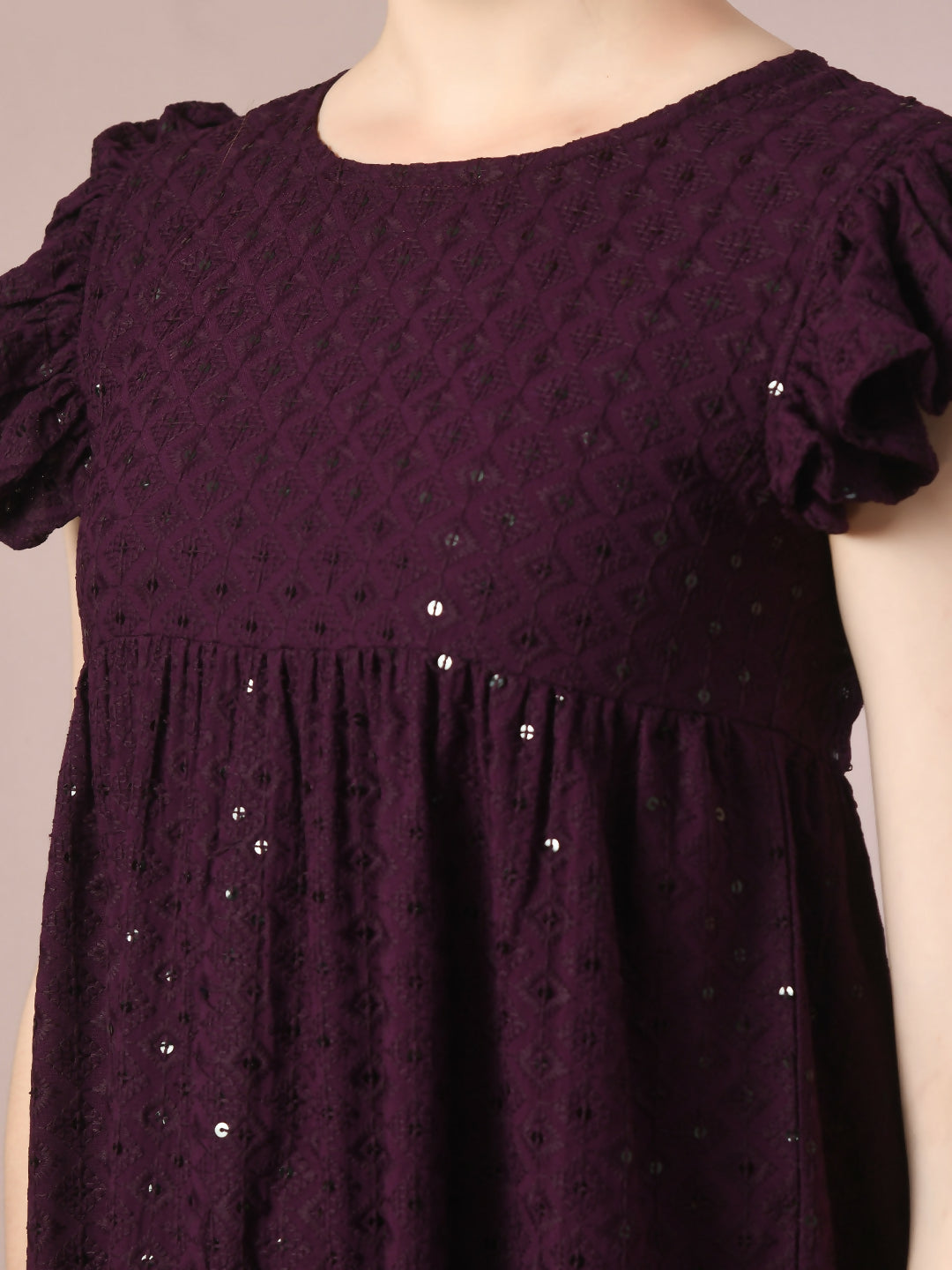 Myshka Women's Violet Embroidered Cotton Round Neck A-Line Party Dress - Distacart