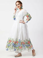 Thumbnail for Cheera Women Stylish Hand Chikenkari And Digital Printe Cotton Organza Flared Anarkali Kurta - White - Distacart
