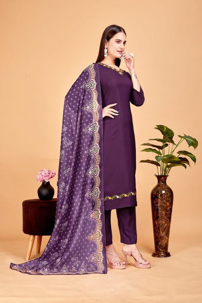 Women's Embroidered Purple Kurta Set with Dupatta Set - A2M - Distacart