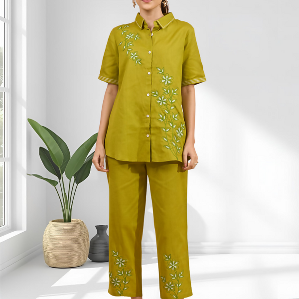 Joban Fashion Green Cotton, Linen Embroidered Readymade Cord Set - Distacart