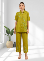 Thumbnail for Joban Fashion Green Cotton, Linen Embroidered Readymade Cord Set - Distacart