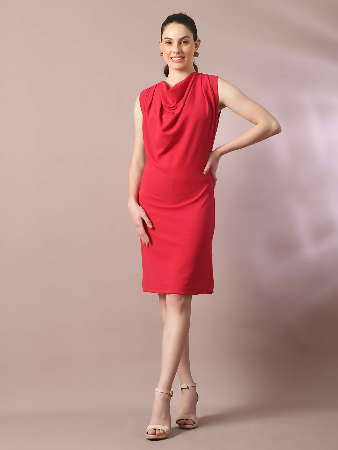 Myshka Women's Pink Solid Cowl Neck Bodycon Party Dress - Distacart