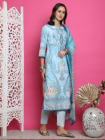 Thumbnail for Jyoti Fashion Women's Turquoise Satin Traditional Digital Print with Crystal work Kurta with Trouser & Dupatta - Distacart