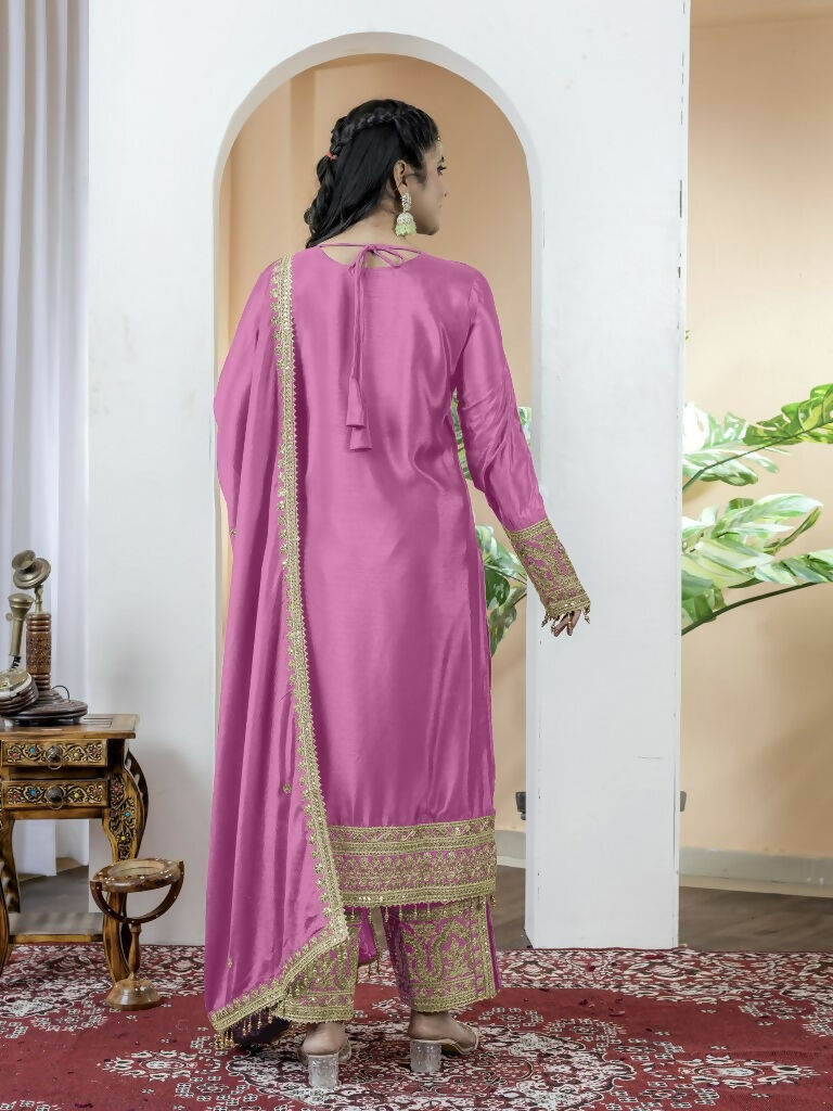 Teeya Creation Baby Pink Color Chinnon Silk Embroidery Work Fully Stitched Salwar Suit