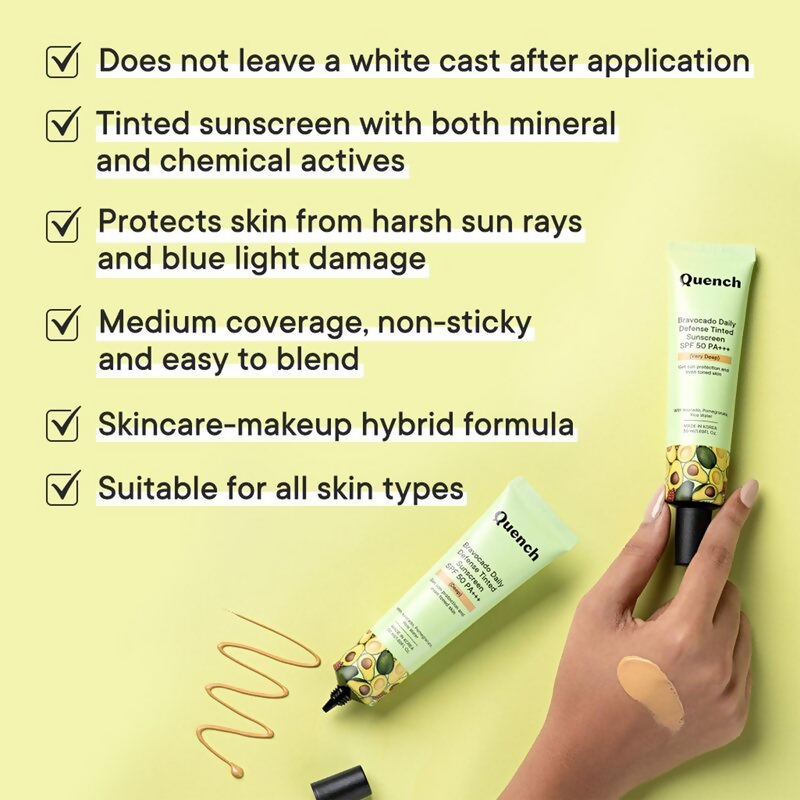 Quench Vitamin E Tinted SPF 50 Sunscreen PA+++ with both Mineral & Chemical Actives (Deep) - Distacart