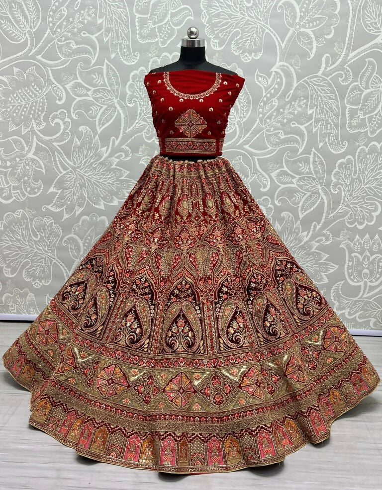Jyoti Fashion Women's Red Velvet Multi Thread Embroidered with Zircon Diamond Wedding Lehenga Choli - Distacart