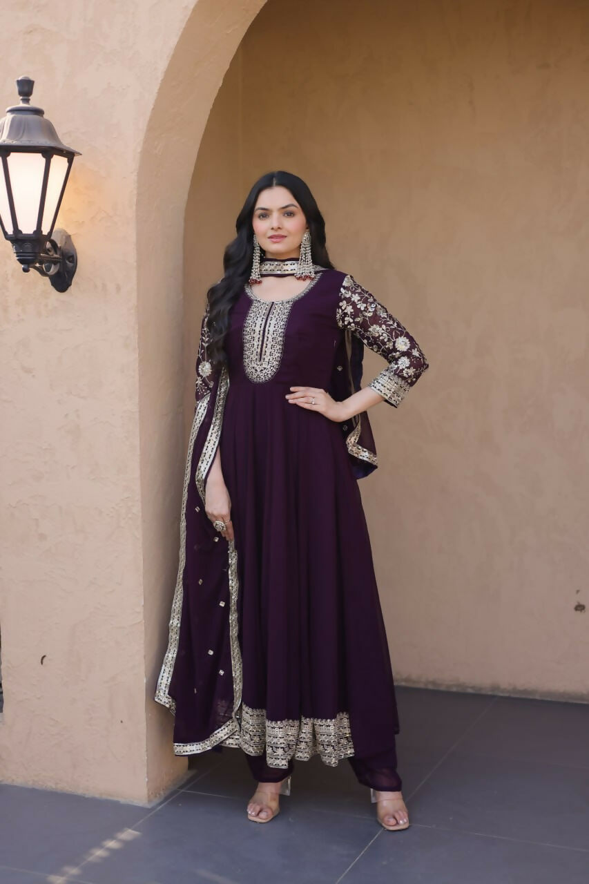 Teeya Creation Wine Faux Georgette Embroidered Anarkali Suit with Dupatta - Dista