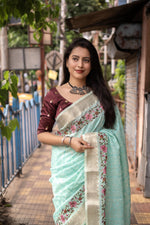 Thumbnail for Blue Pure Linen Woven Design Saree with Unstitched Blouse - A2M
