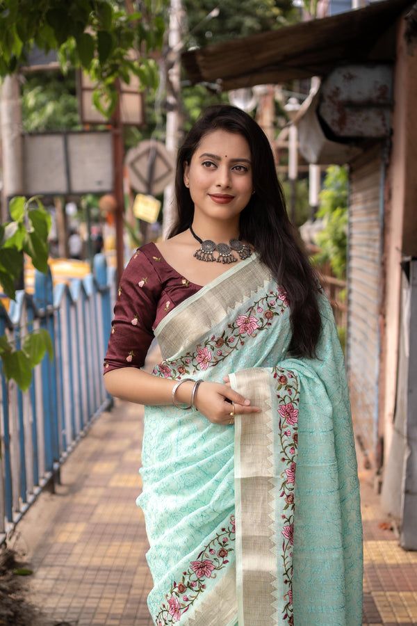 Blue Pure Linen Woven Design Saree with Unstitched Blouse - A2M