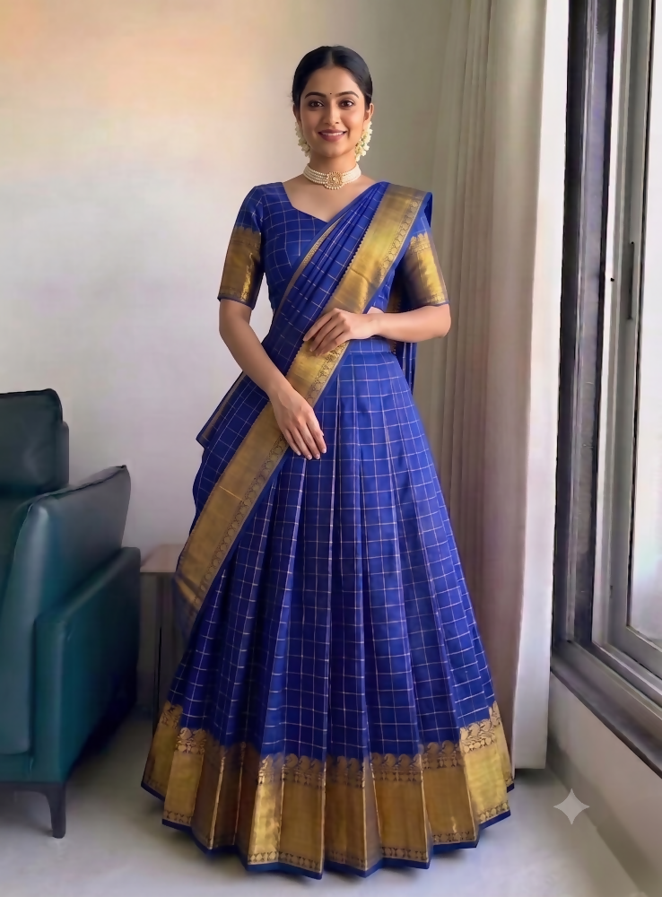 Teeya Creation Vibrant Royal Blue Checkered Silk Lehenga Choli with Antique Gold Border - Dista
