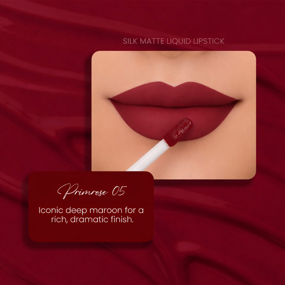 Parul Garg Beauty Silk Matte Liquid Lipstick, Long Lasting & Transfer-Proof - Primrose, Deep Maroon - Dista