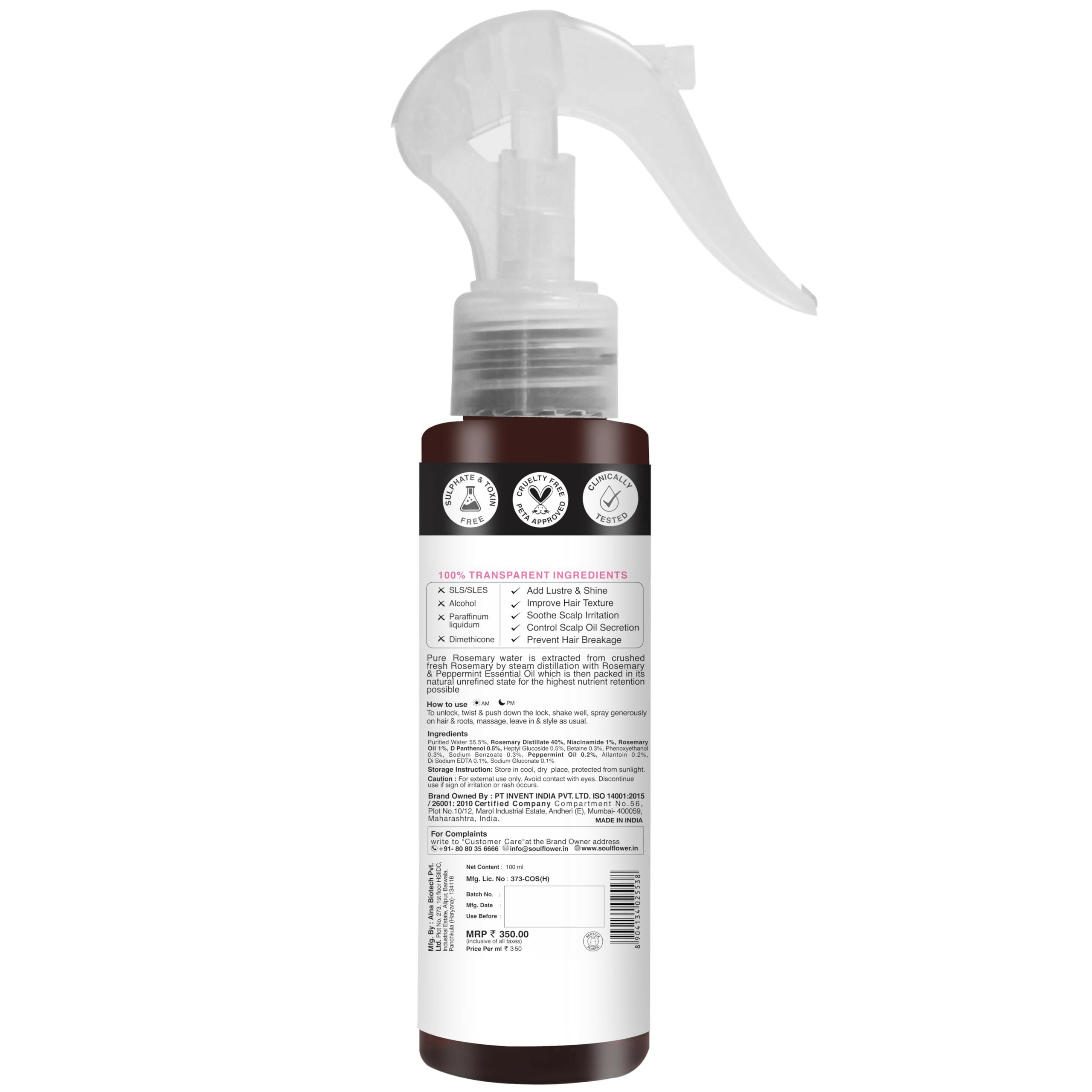 Soulflower Rosemary Water Spray with Mint For Hair growth, Hair fall control, Scalp health, Hair damage protection, Anti frizz - Distacart