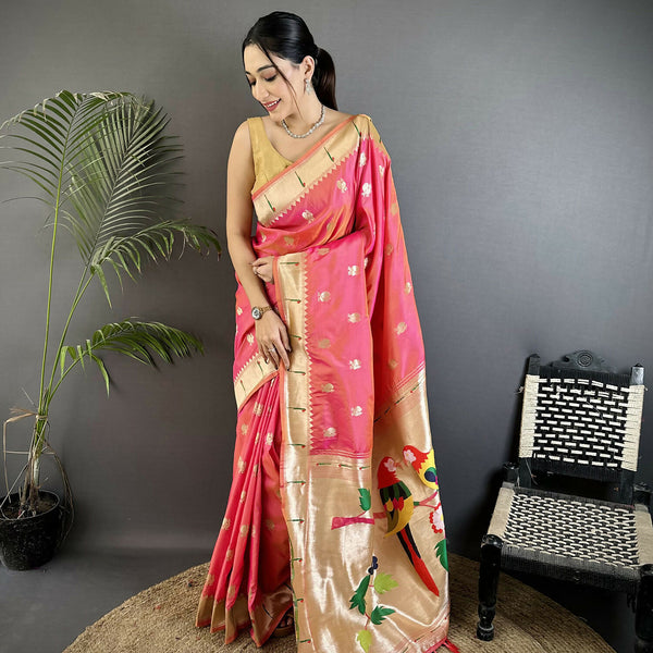 Joban Fashion Peach Peacock & Floral Motifs Soft Silk Kanchipuram Saree - Distacart