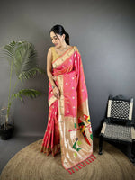 Thumbnail for Joban Fashion Peach Peacock & Floral Motifs Soft Silk Kanchipuram Saree - Distacart