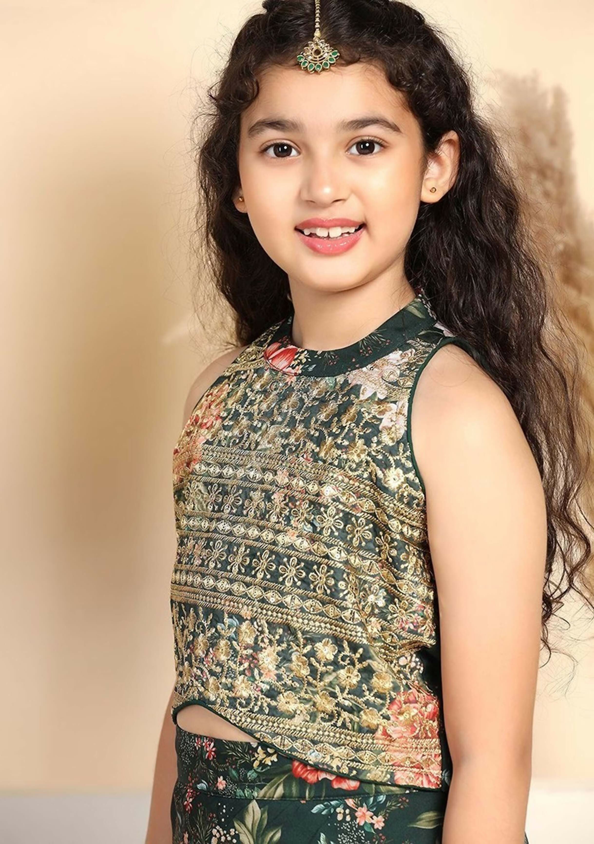 Joban Fashion Girl's Bottle Green Color Lehenga Choli