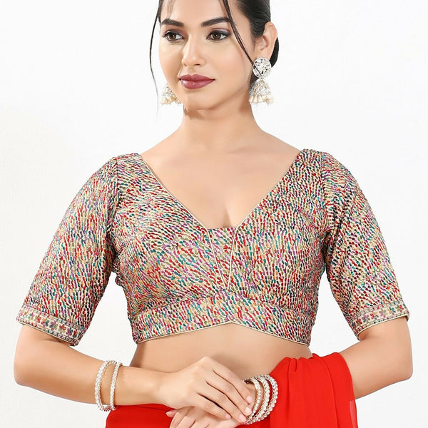 Joban Fashion Multi Mulberry Silk Padded Blouse With V Neck Elbow Sleeves - Distacart