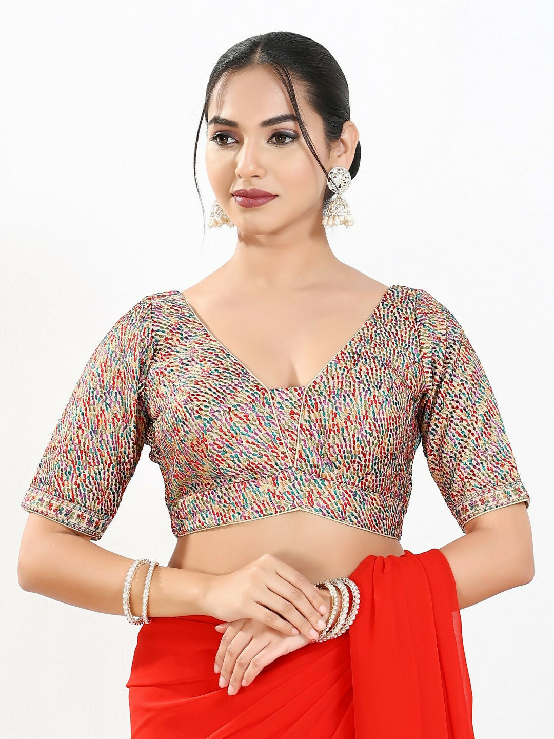 Joban Fashion Multi Mulberry Silk Padded Blouse With V Neck Elbow Sleeves