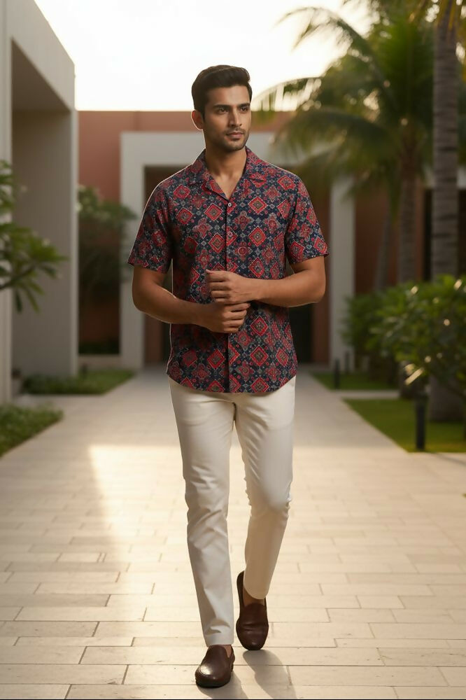 Durbar — Red Ajrakh Cotton Shirt by Hilo Design - Dista