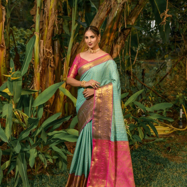 Jyoti Fashion Women's Sky Blue Kanjivaram Silk Zari Woven Saree with Blouse - Distacart