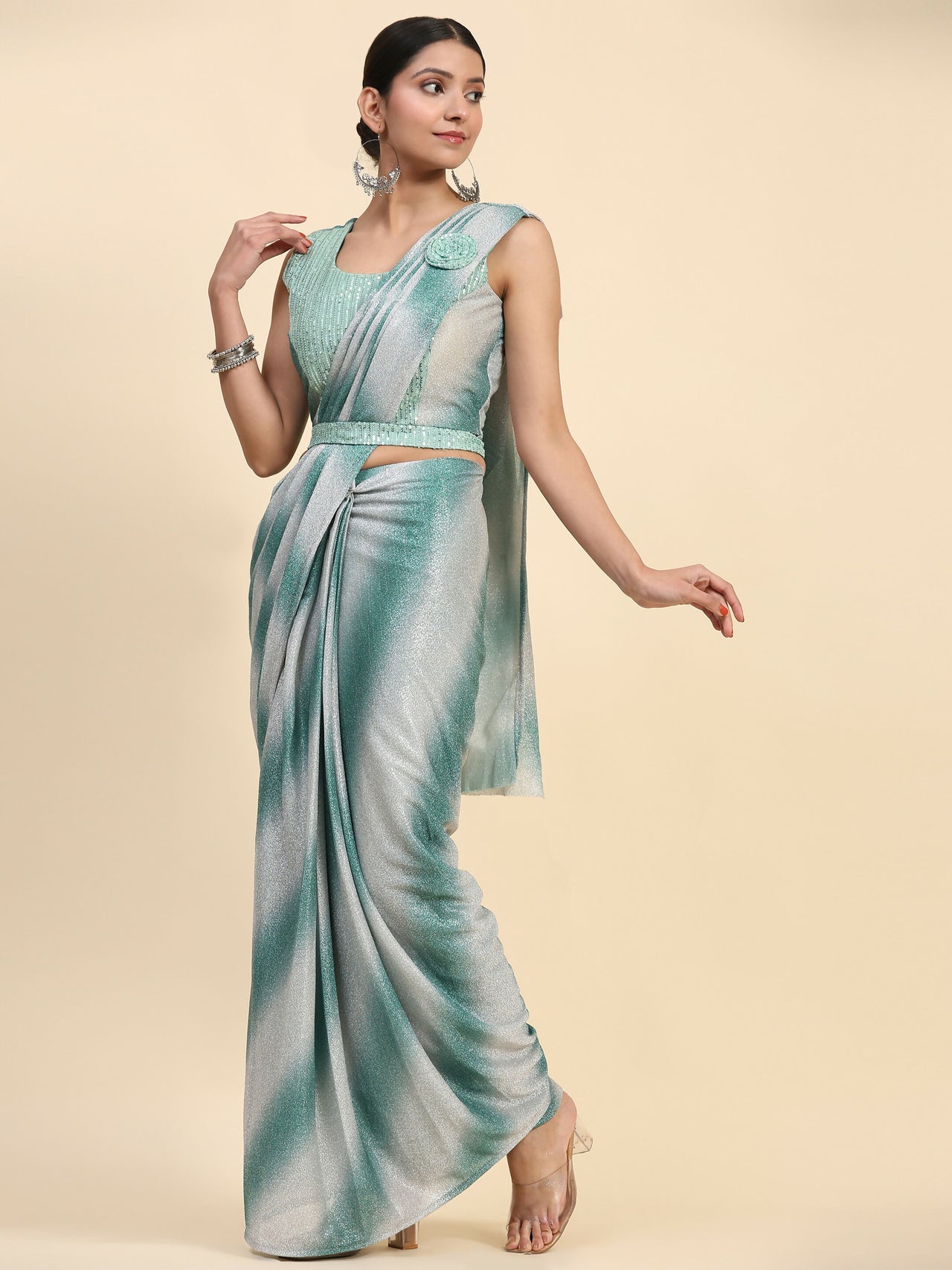 Sea Green Polyester Solid Ready to Wear Saree with stitched Blouse - Aayan - Distacart