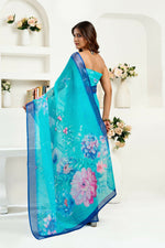Thumbnail for Joban Fashion Turquoise  Floral Linen Ready To Wear Saree With Unstitched Blouse - Distacart