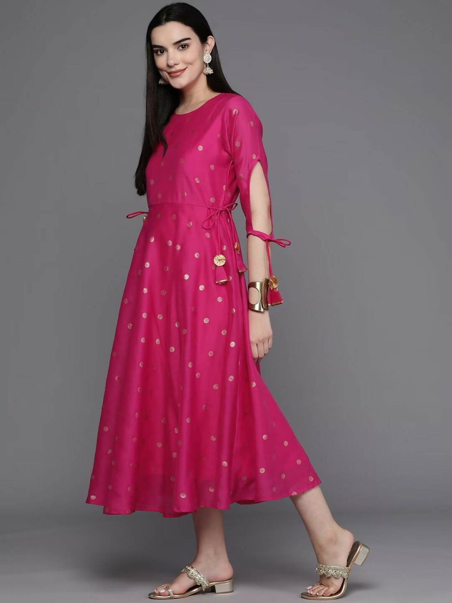 Ahalyaa Women Foil Printed A-Line Midi Ethnic Dress - Pink Color - Distacart