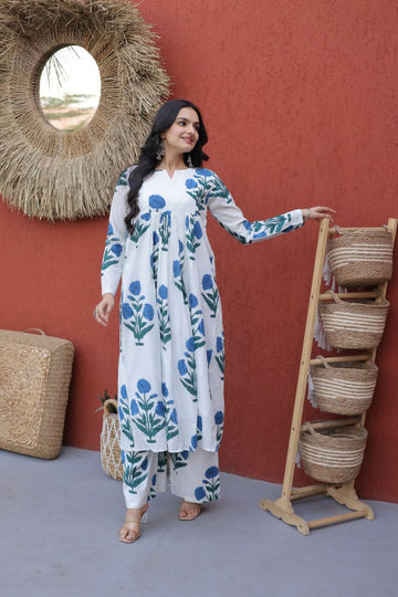 Teeya Creation Womens New Trendy Summer War Printed Cotton Gown Set-Blue - Dista