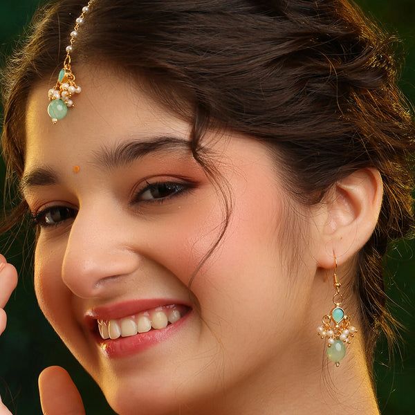 Ruby Raang Traditional Green Drop Maang Tikka And Earrings
