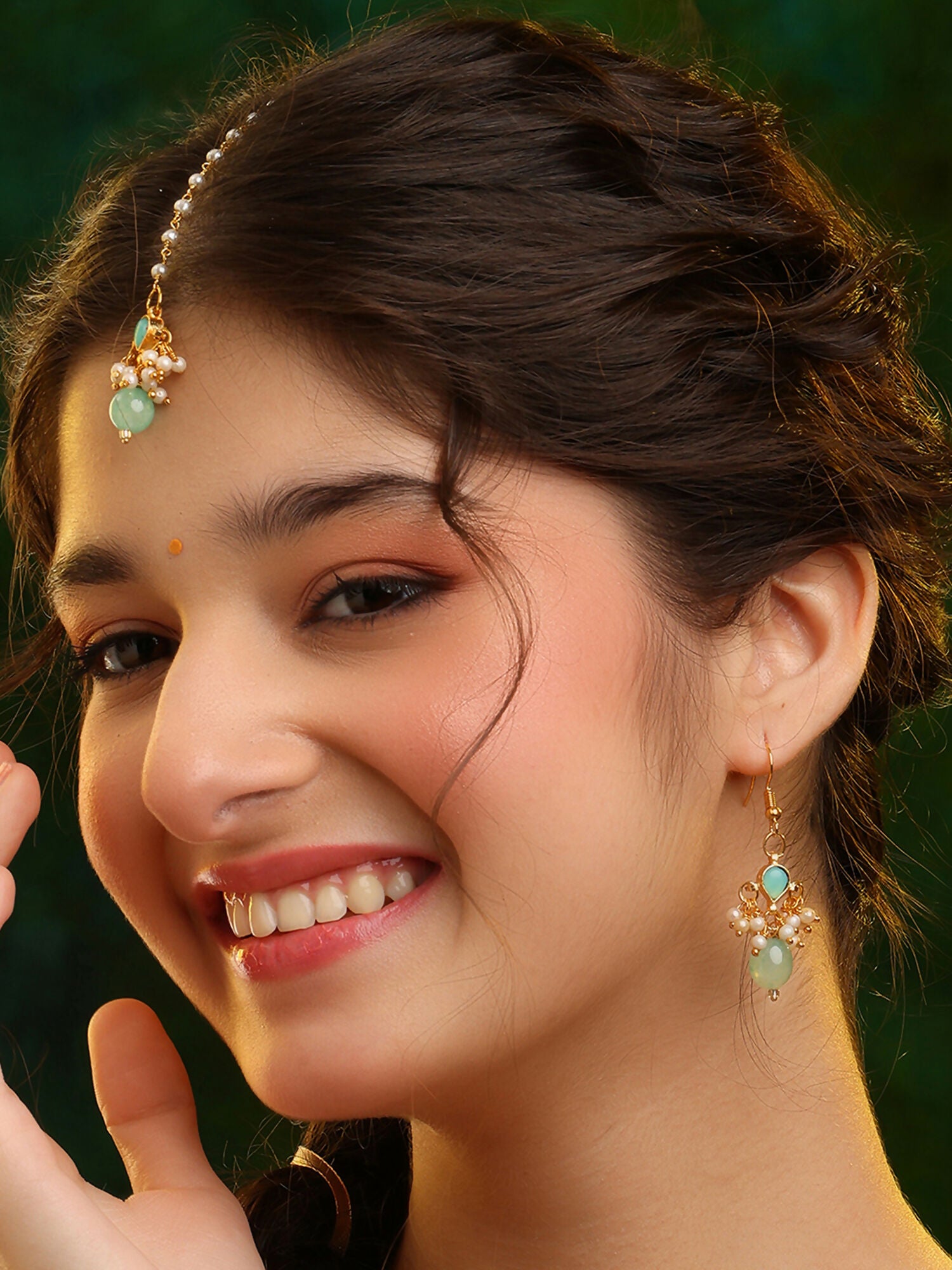 Ruby Raang Traditional Green Drop Maang Tikka And Earrings