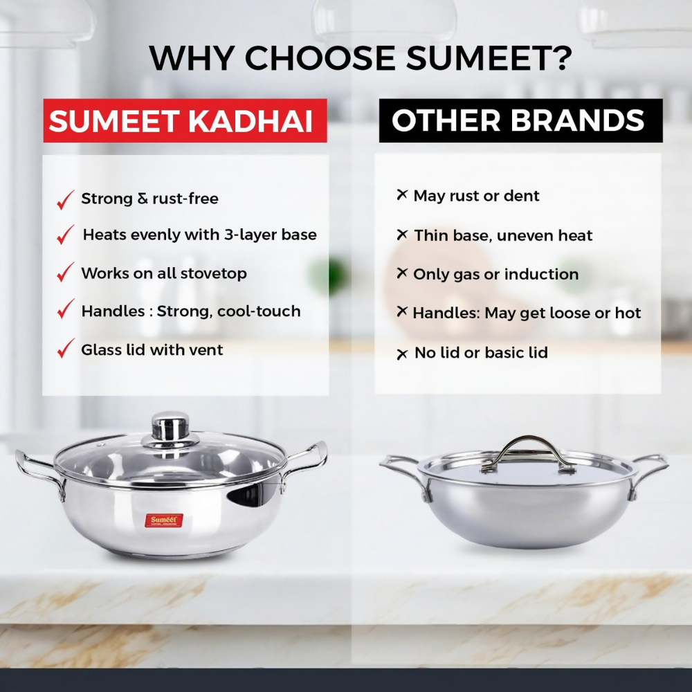 Sumeet Stainless Steel Induction Bottom Kadhai with Glass Lid - Dista
