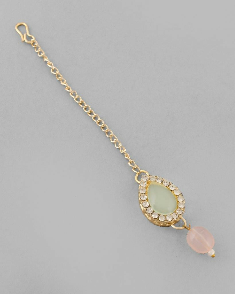 VOJ Gold Plated Nude Pink And Mint Green Stone Studded Jewellery Set With Maang Tikka - Distacart