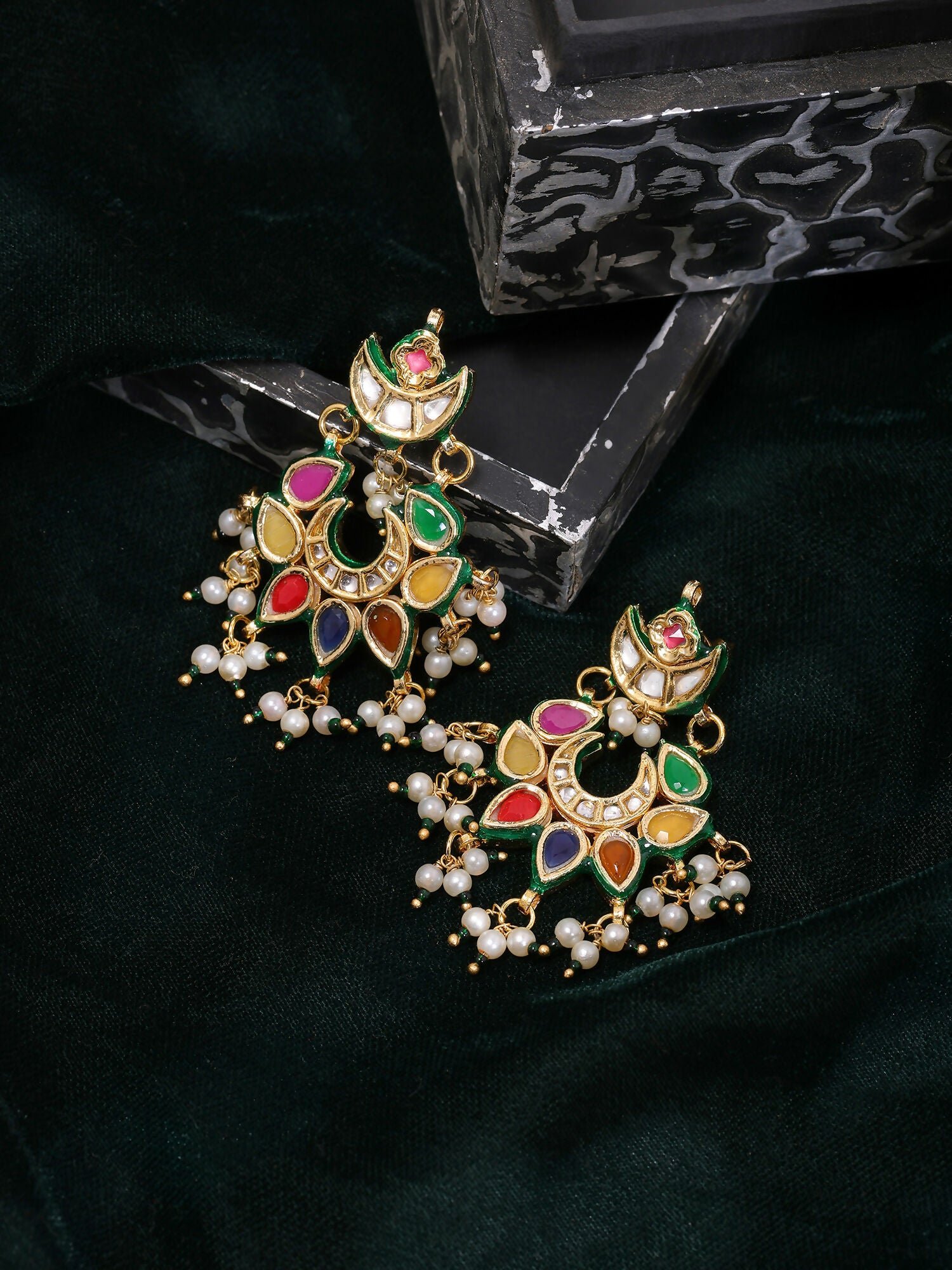 Ruby Raang Gold Polished Multi-Color Navratan Kundan Earrings