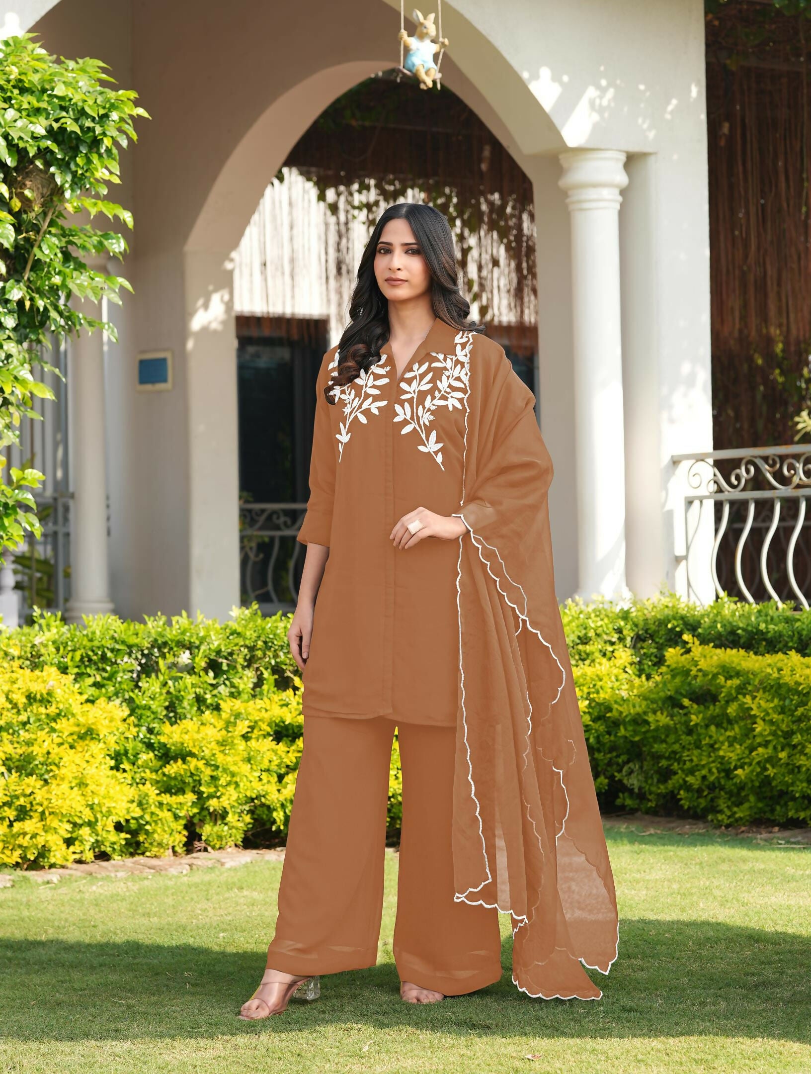 Nikhaar Light Brown Embroidered Viscose Georgette Stitched Straight Cut Kurta Culottes Dupatta Readymade Suit - Dista