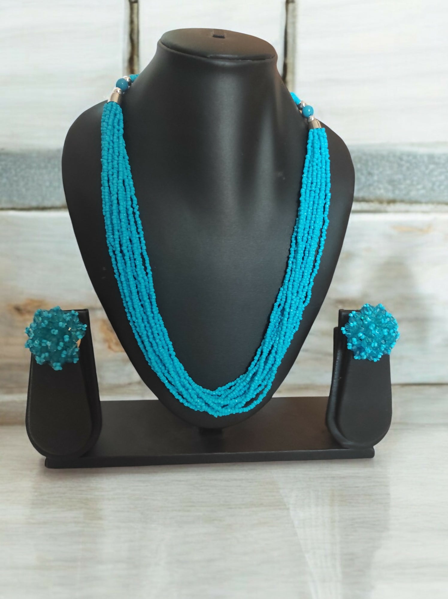 Inhanns Bloom Handmade Beaded Necklace With Earrings - 12 Layers - Skey Blue Necklace Set - Distacart