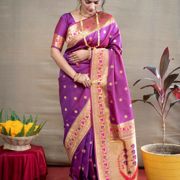 Jyoti Fashion Women's Purple Paithani Silk Zari Woven Saree with Blouse - Distacart