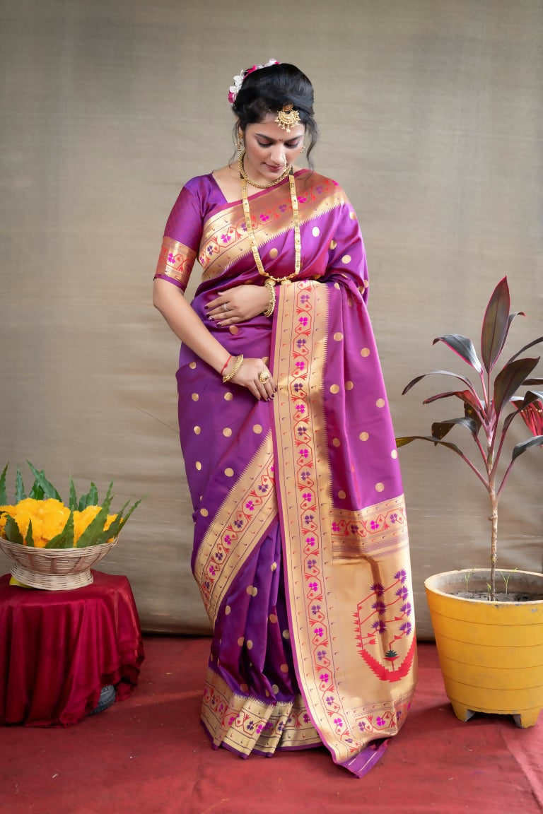 Jyoti Fashion Women's Purple Paithani Silk Zari Woven Saree with Blouse - Distacart