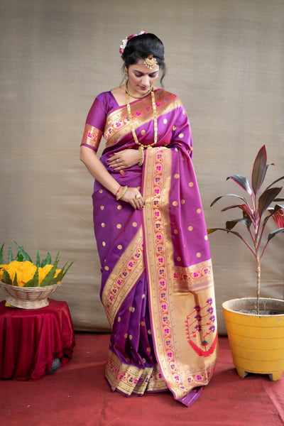 Jyoti Fashion Women's Purple Paithani Silk Zari Woven Saree with Blouse - Distacart