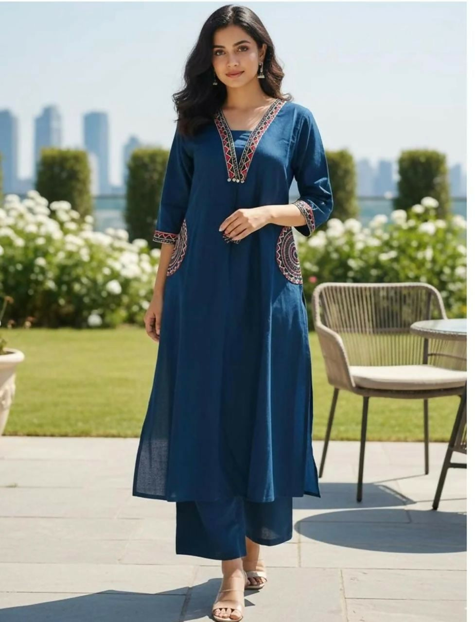 Miravan Womens Blue Straight Kurta With Palazzo Set - Dista