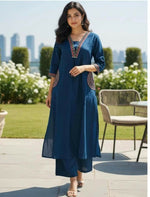 Thumbnail for Miravan Womens Blue Straight Kurta With Palazzo Set - Dista