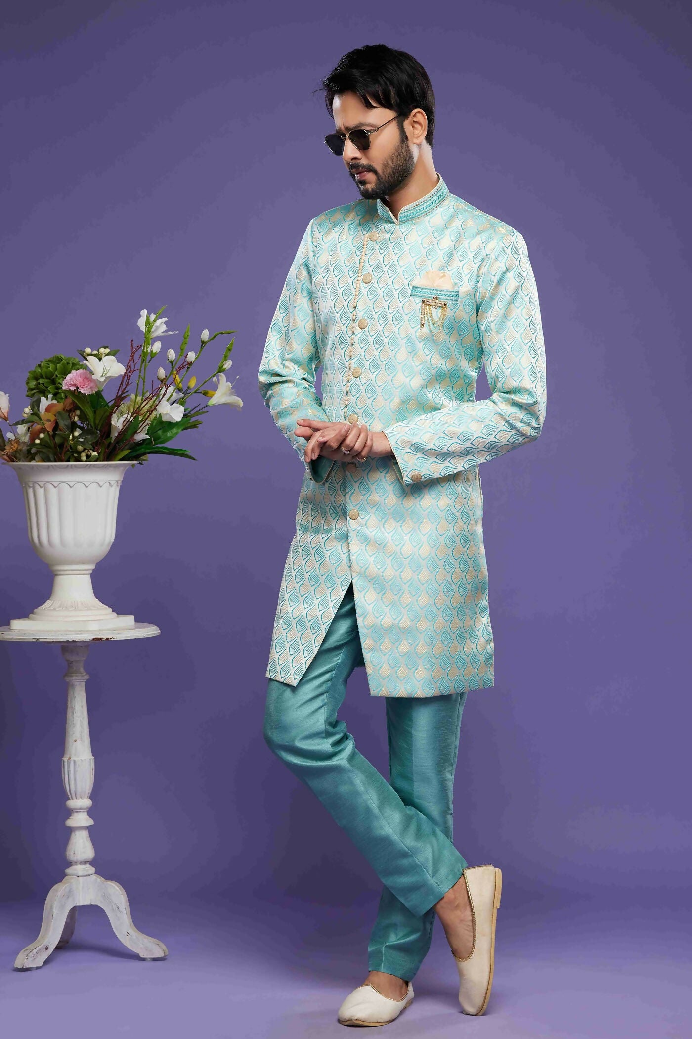 Raivat Ethnic Banarasi Jacquard Embroidery Semi Indo Western Sherwani In Sky Blue Colour