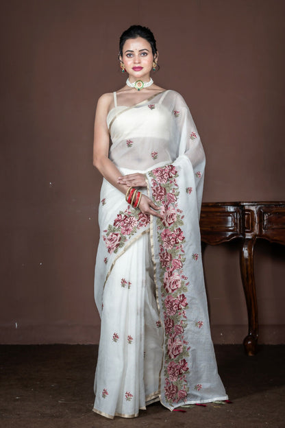 Morchari Off White Supernet Cross Embroidery Saree Unstitched Blouse - Distacart